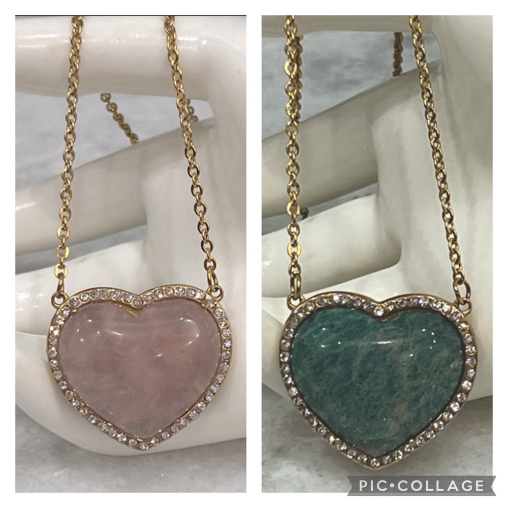 Rose Quartz & Amazonite Austrian Crystal Reversible Heart Pendant Neckla…